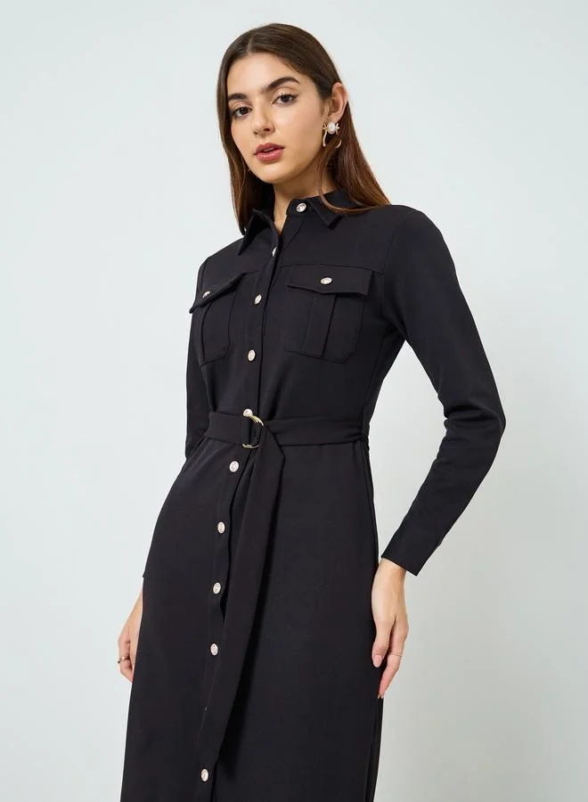 Styli Women Black Belted Shirt Midi Dress